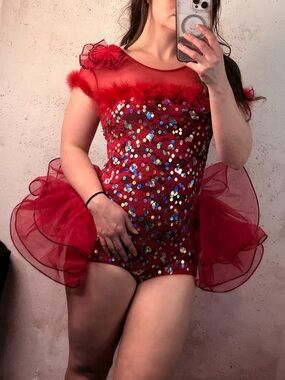 Weissman Red Sequin Lace Bustle Leo Jazz Dance Costume NEW Size Small Adult